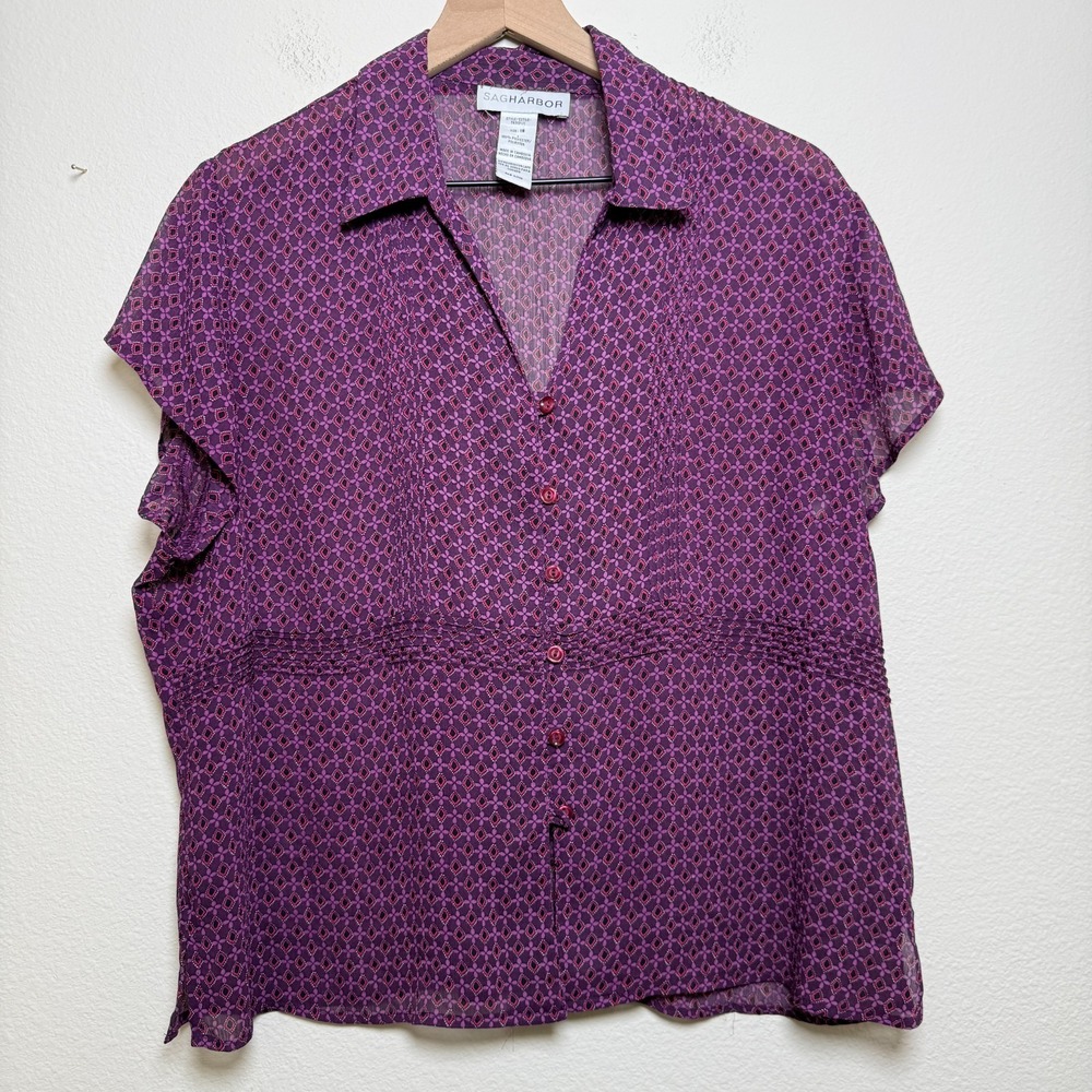 VTG 90s‎ Women Fairy Grunge Button Up Top XL Purple Floral Indie Sleaze Chiffon